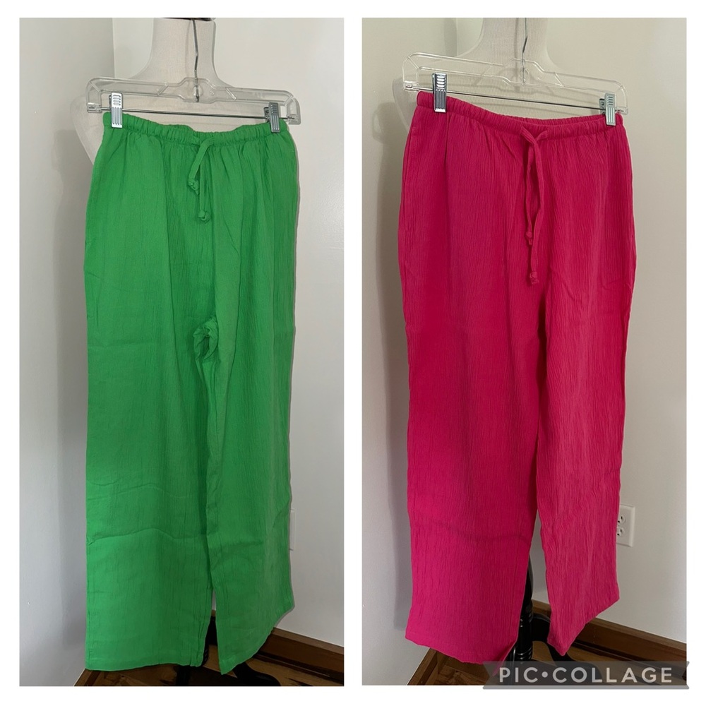 Denim&Co Vibrant Green or Pink Straight Leg Gauze Pants QVC New Sz S